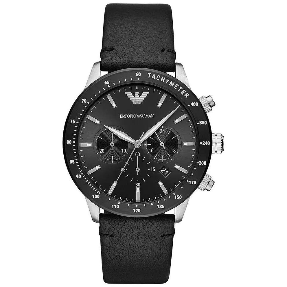 Emporio Armani AR11243 Horloge Mario Chrono staal-leder zilverkleurig-zwart 43 mm