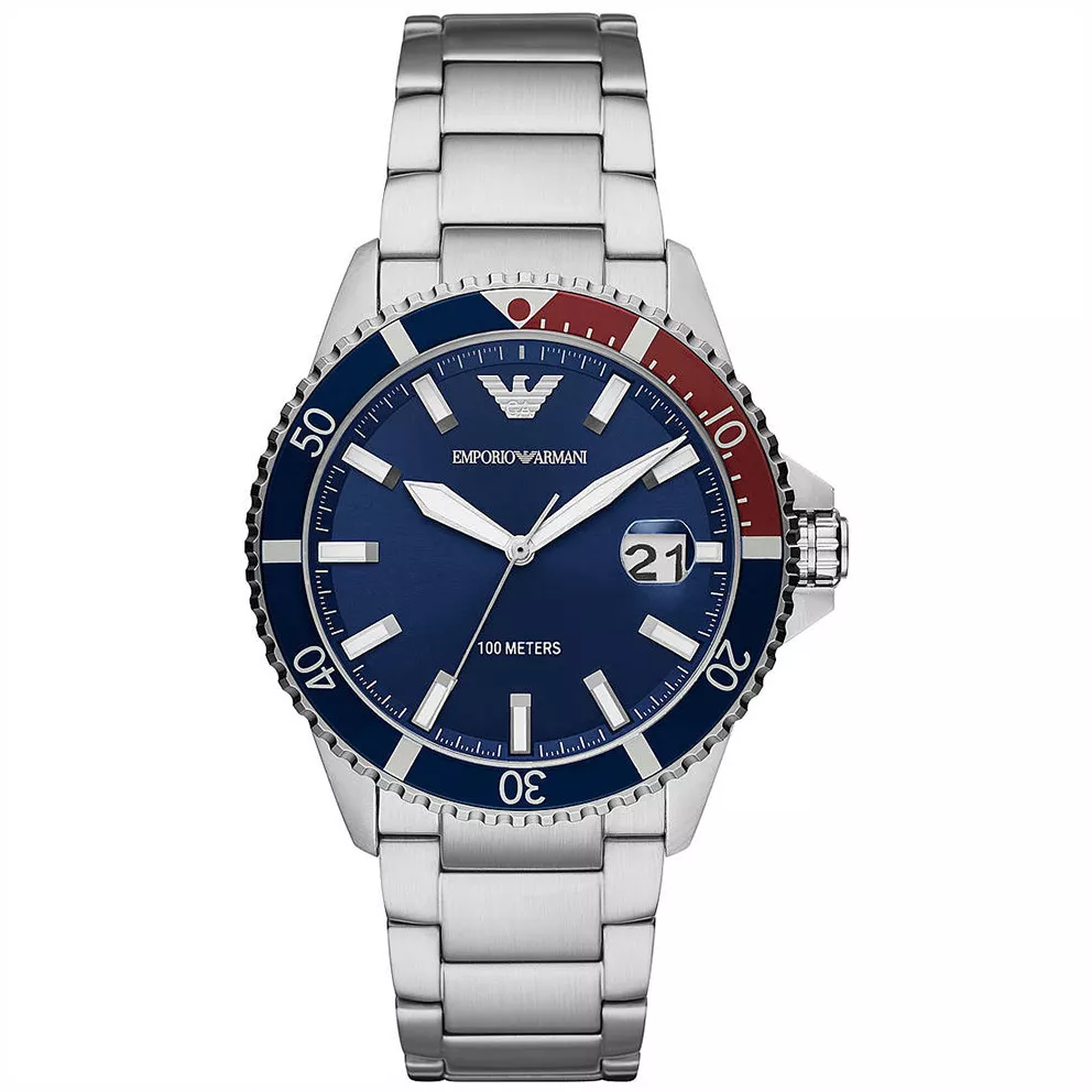 Emporio Armani AR11339 Horloge Diver staal zilverkleurig-blauw-rood 42 mm