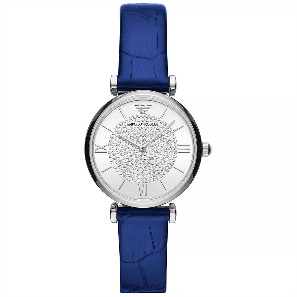 Emporio Armani AR11344 Horloge Gianni T-bar staal-leder zilverkleurig-blauw 32 mm