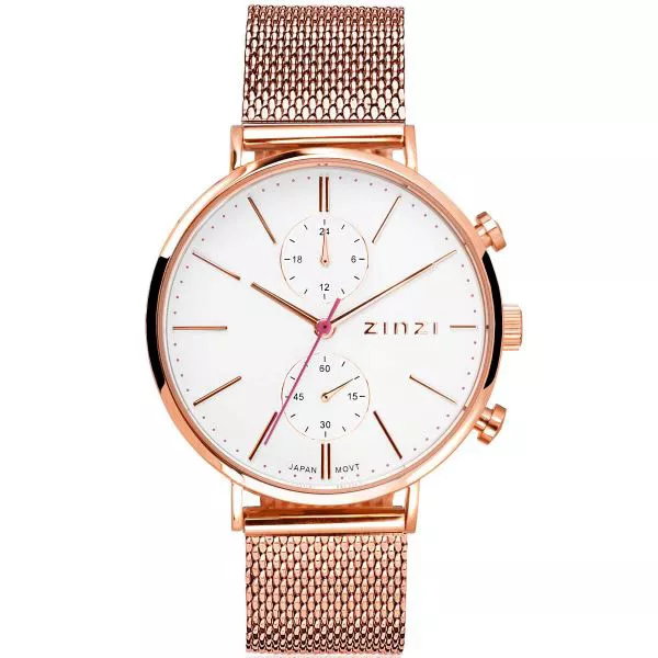 Zinzi ZIW708M horloge Traveller staal rosekleurig-wit 39 mm + gratis armband
