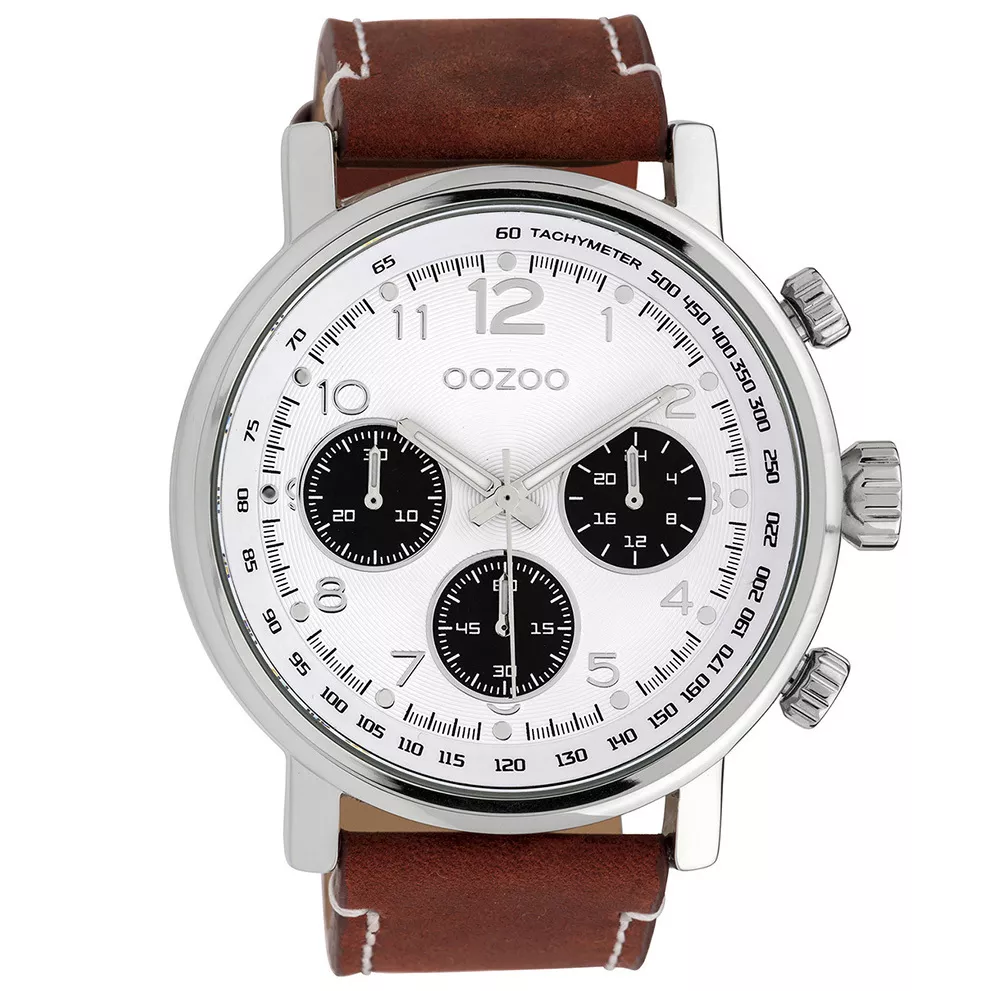 OOZOO C10060 Horloge Timepieces staal/leder staal leder bruin-wit 48 mm