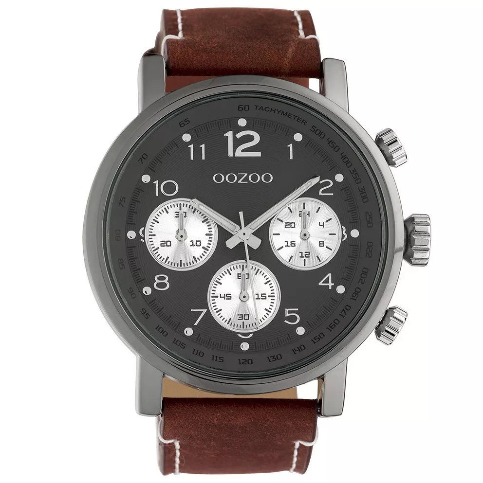 OOZOO C10061 Horloge Timepieces staal/leder staal bruin-grijs 48 mm