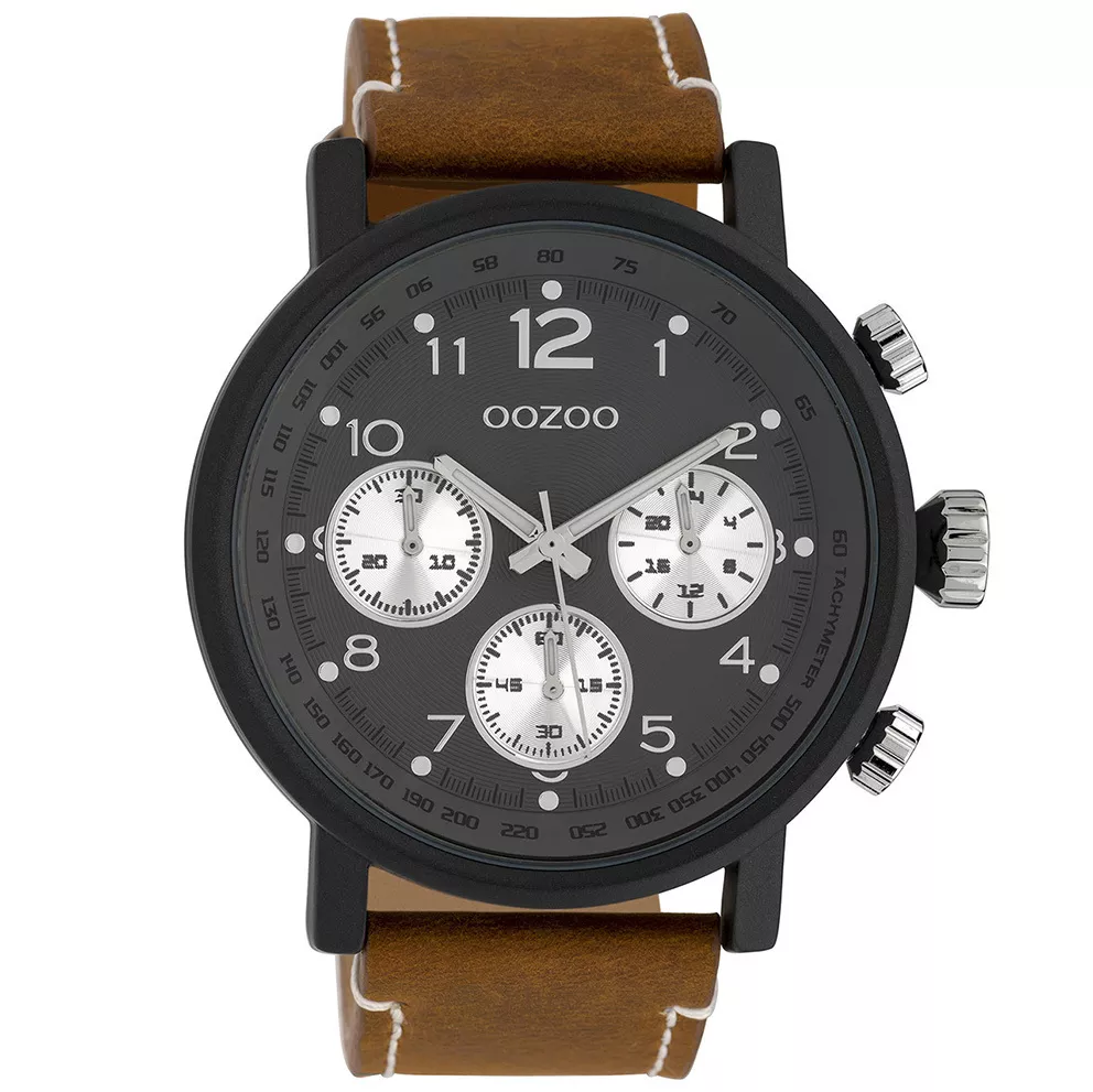OOZOO C10062 Horloge Timepieces staal/leder staal zwart-bruin 48 mm
