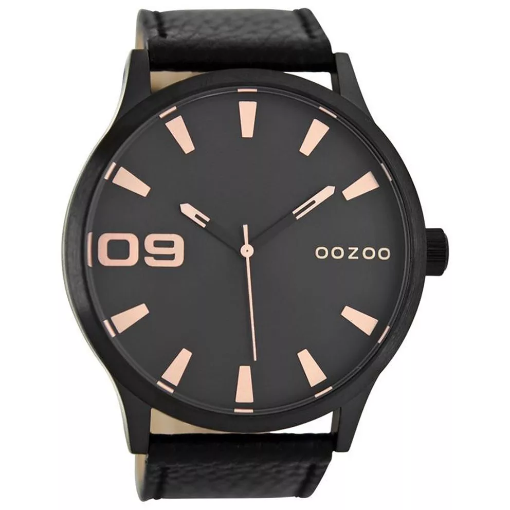 OOZOO C8534 Horloge Timepieces staal-leder zwart-rosekleurig 50 mm