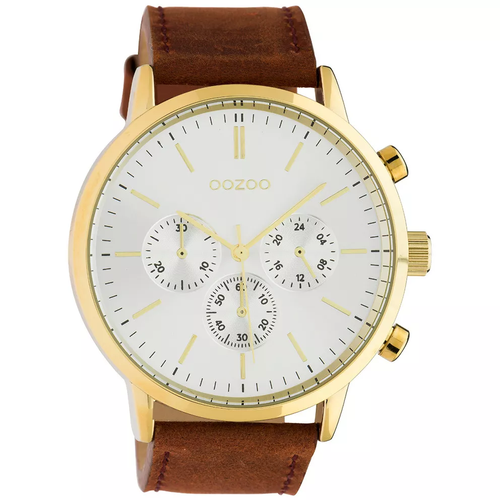OOZOO C10542 Horloge Timepieces staal-leder goud- en zilverkleurig-bruin 48 mm