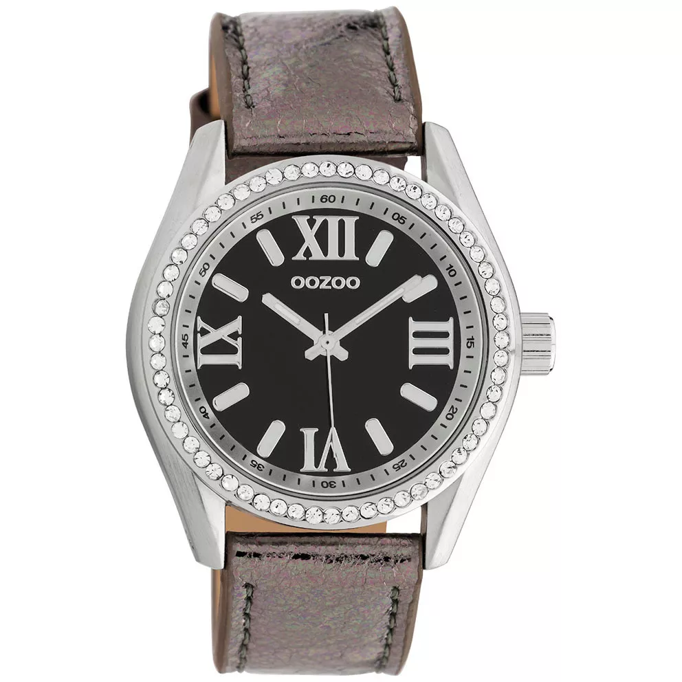 OOZOO C10267 Horloge Timepieces staal-leder metallic titaniumgrijs-zwart 40 mm