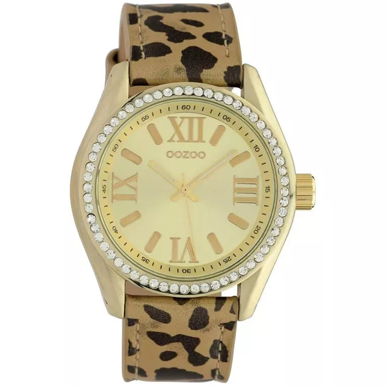 OOZOO C10270 Horloge Timepieces Leopard staal-leder zwart-bruin-goudkleurig 40 mm