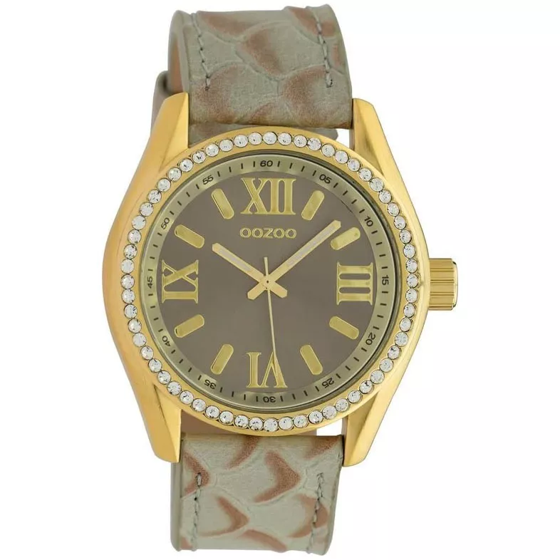 OOZOO C10272 Horloge Timepieces Lizard staal-leder lichtgroen-goudkleurig 40 mm