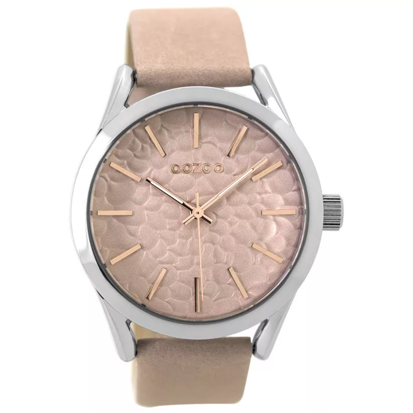 OOZOO C9472  Horloge Timepieces staal-leder zilverkleurig-grijsroze 43 mm