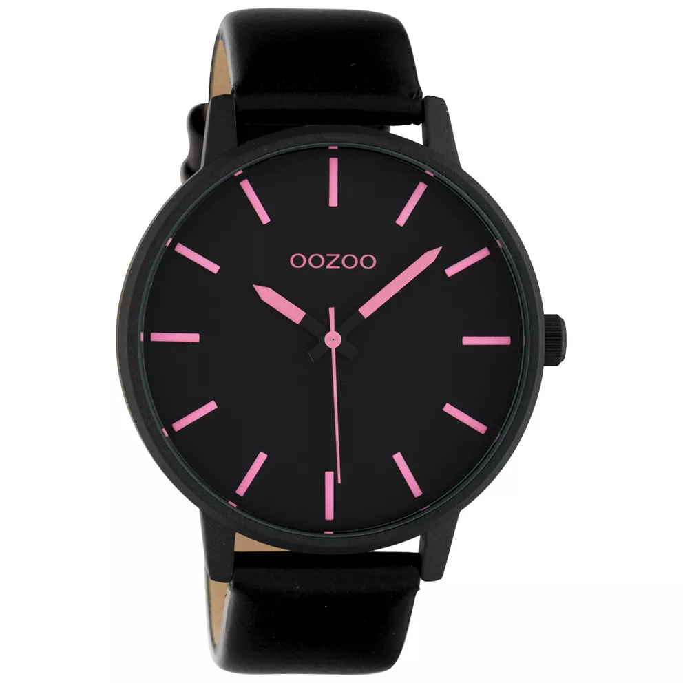 OOZOO C10383 Horloge Timepieces aluminium-leder zwart-roze 45 mm