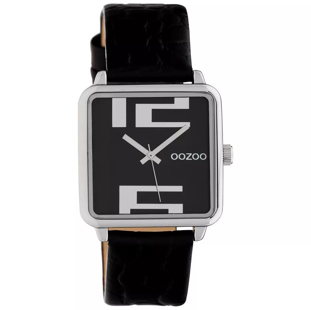 OOZOO C10369 Horloge Timepiece staal-leder zilverkleurig-zwart 30 x 30 mm