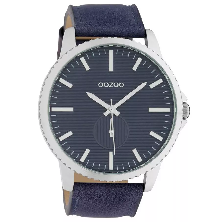 OOZOO C10332 Horloge Timepieces staal-leder zilverkleurig-donkerblauw 48 mm