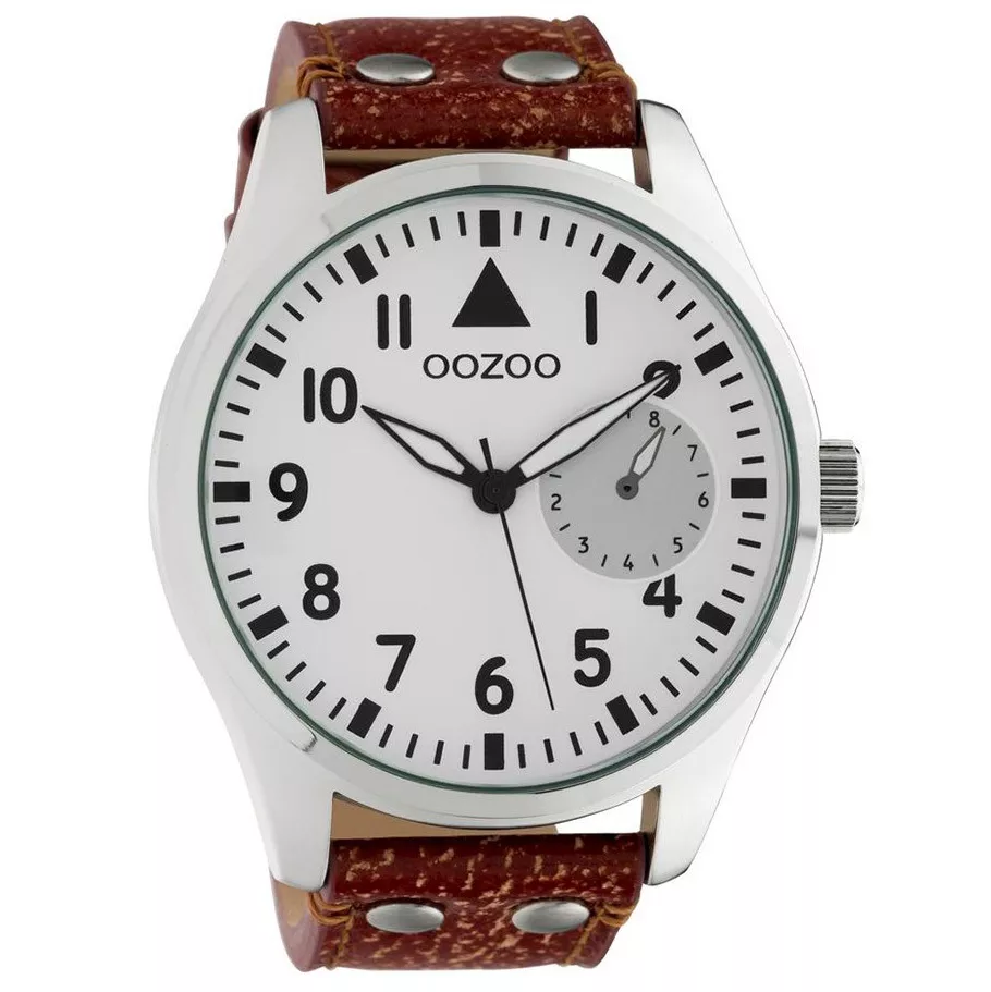 OOZOO C10325 Horloge Timepieces staal-leder zilverkleurig-roodbruin 50 mm