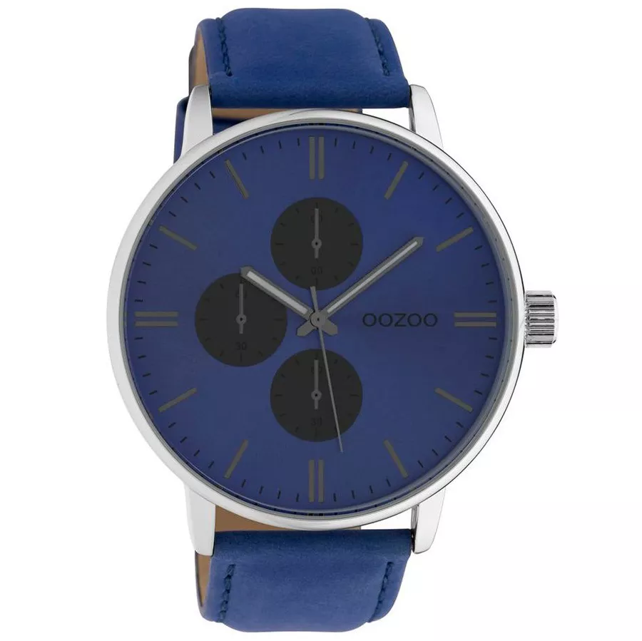 OOZOO C10310 Horloge Timepieces staal-leder zilverkleurig-blauw 50 mm