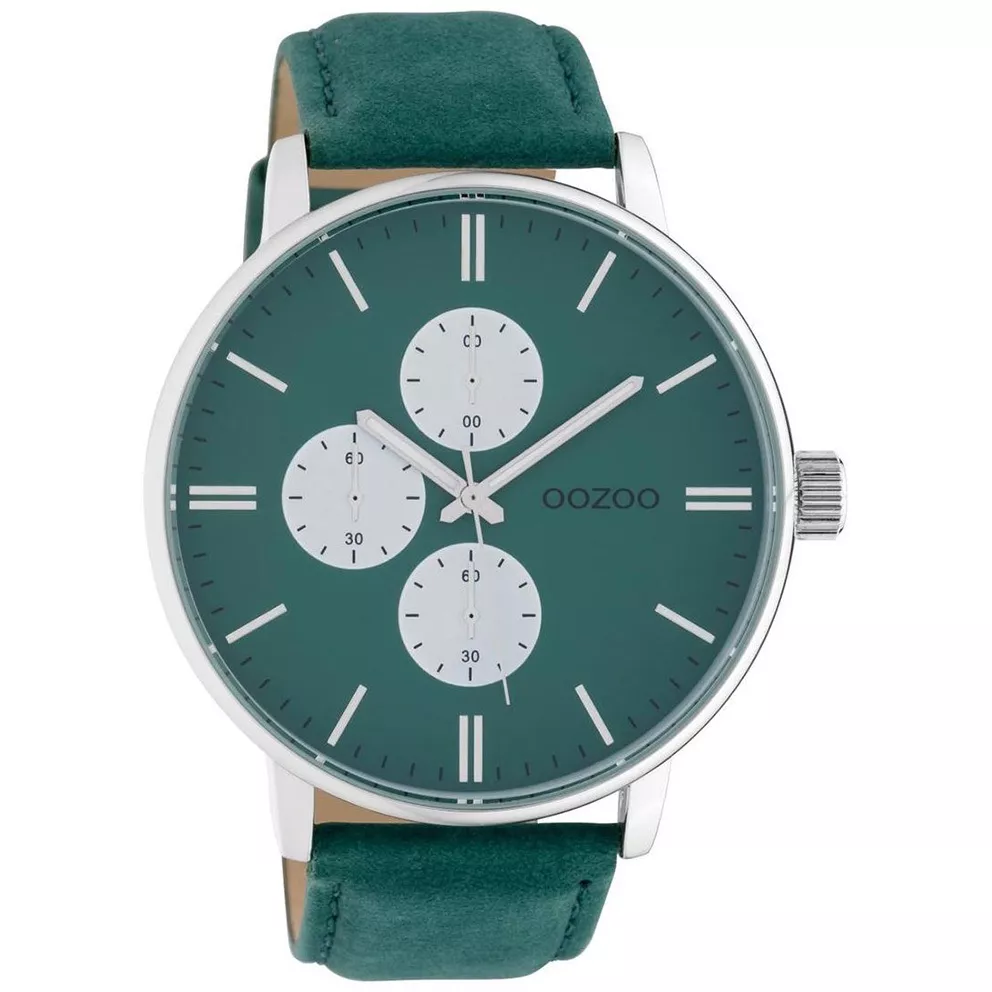 OOZOO C10313 Horloge Timepieces staal-leder zilverkleurig-alpinegroen 50 mm