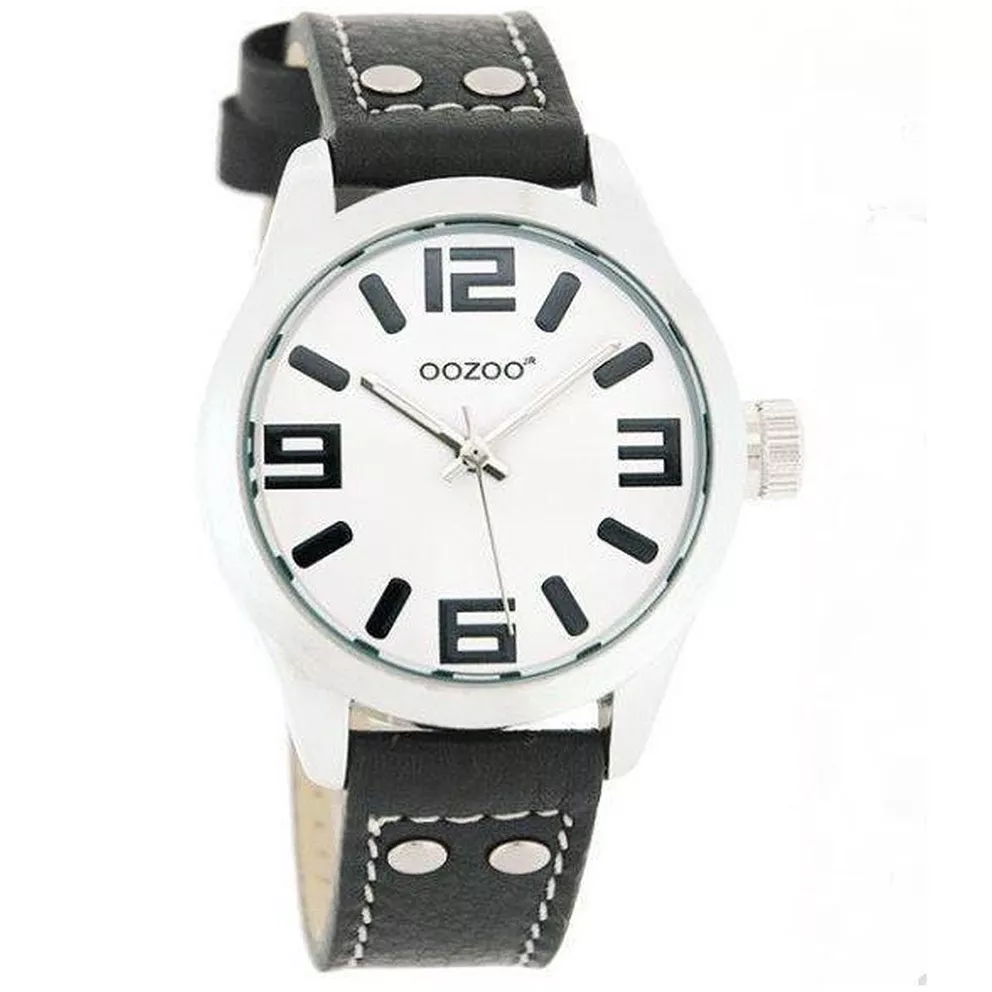 OOZOO JR153 Horloge Junior staal-leder zilverkleurig-zwart-wit 40 mm