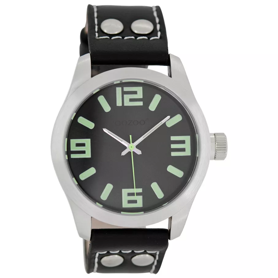 OOZOO JR269 Horloge Junior staal-leder zwart-lumi groen 40 mm