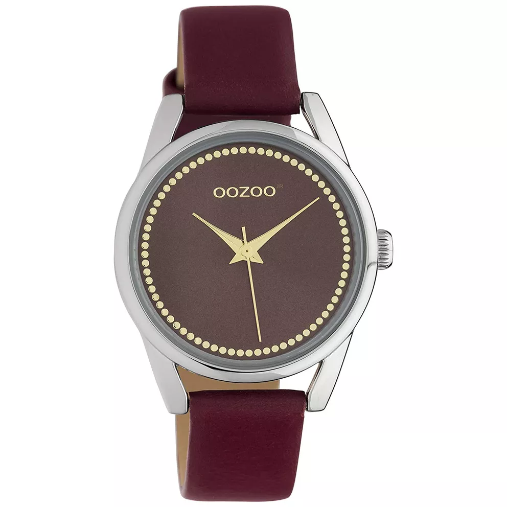 OOZOO JR310 Horloge Junior staal-leder zilverkleurig-donkerrood 32 mm