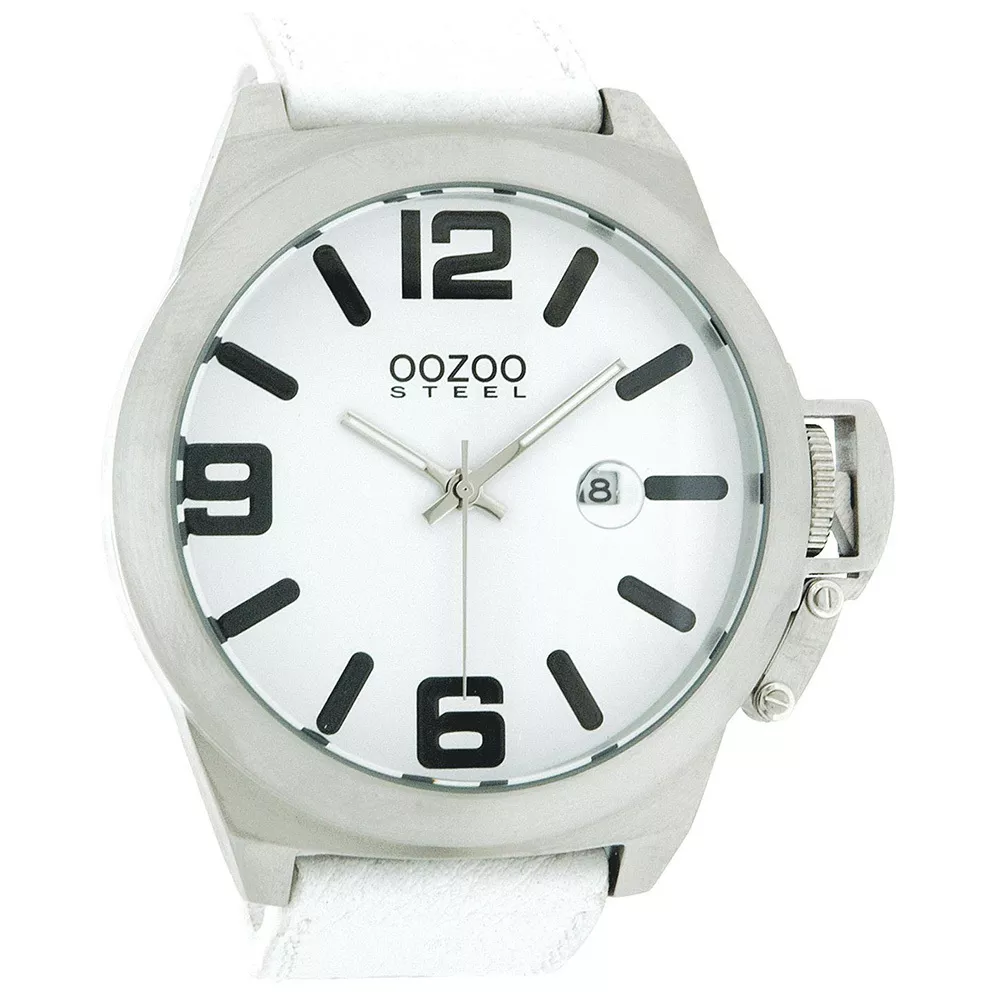 OOZOO OS113 Horloge Steel staal-leder zilverkleurig-wit 50 mm