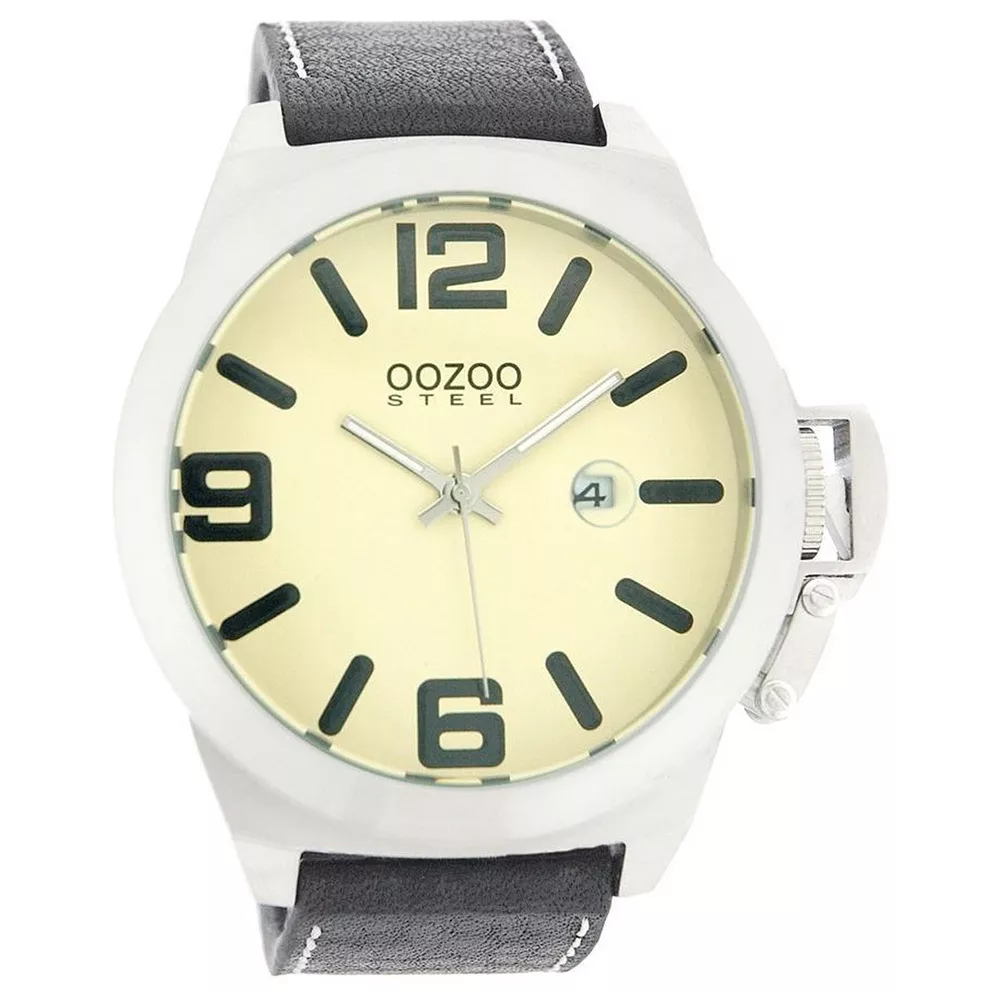 OOZOO OS005 Horloge Steel staal-leder zilverkleurig-zwart-creme 50 mm