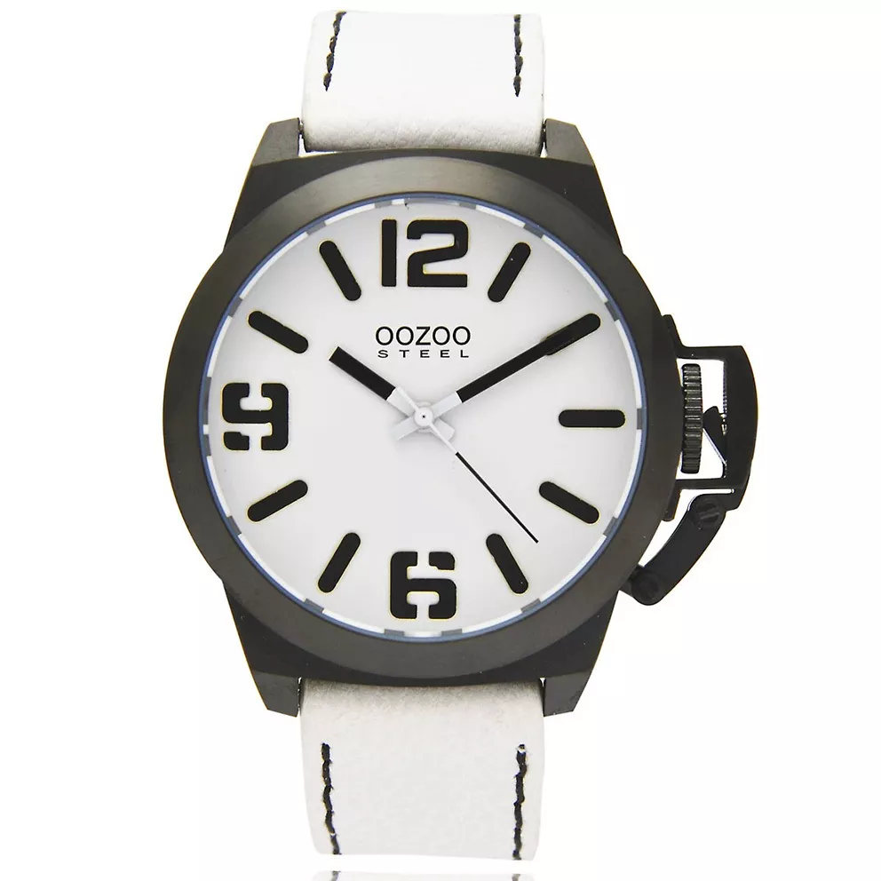 OOZOO OS112 Horloge Steel staal-leder zwart-wit 45 mm