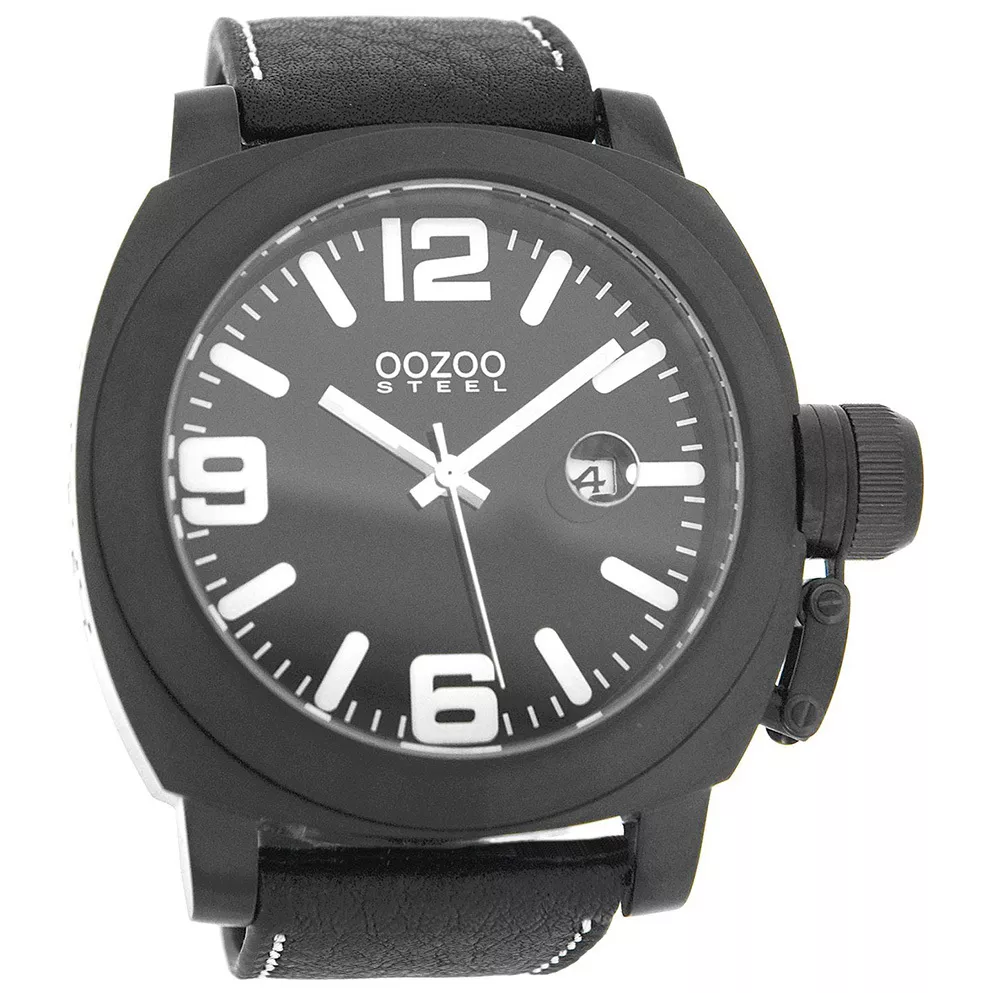 OOZOO OS018 Horloge Steel staal-leder zwart 50 mm
