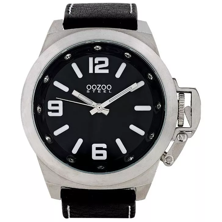 OOZOO OS136 Horloge Steel Swarovski kristal-staal-leder zilverkleurig-zwart 45 mm