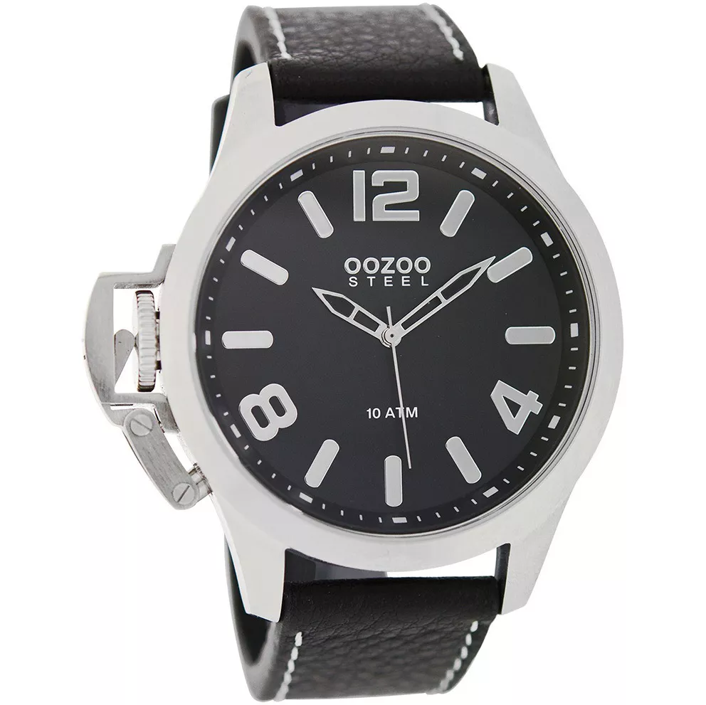 OOZOO OS338 Horloge Steel staal-leder zilverkleurig-zwart 46 mm