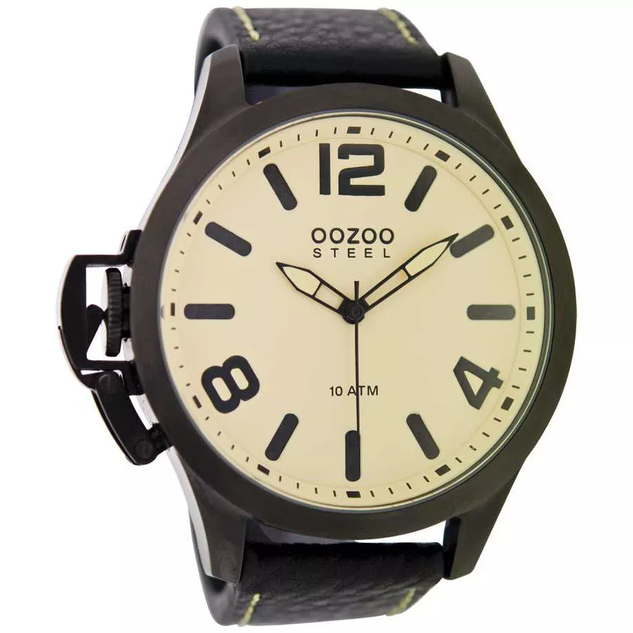 OOZOO OS341 Horloge Steel staal-leder zwart-creme 51 mm