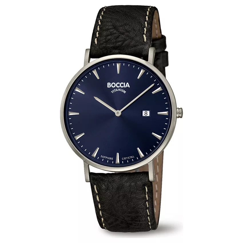 Boccia 3648-02 Horloge Titanium-Leder zilverkleurig-blauw-zwart 39 mm