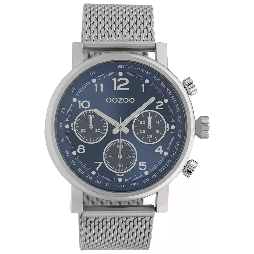 OOZOO C10700 Horloge Timepieces staal mesh zilverkleurig-blauw 45 mm