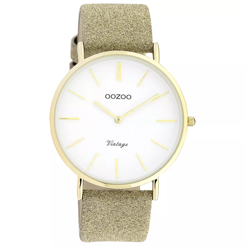 OOZOO C20148 Horloge Vintage staal-leder goudkleurig-wit 40 mm