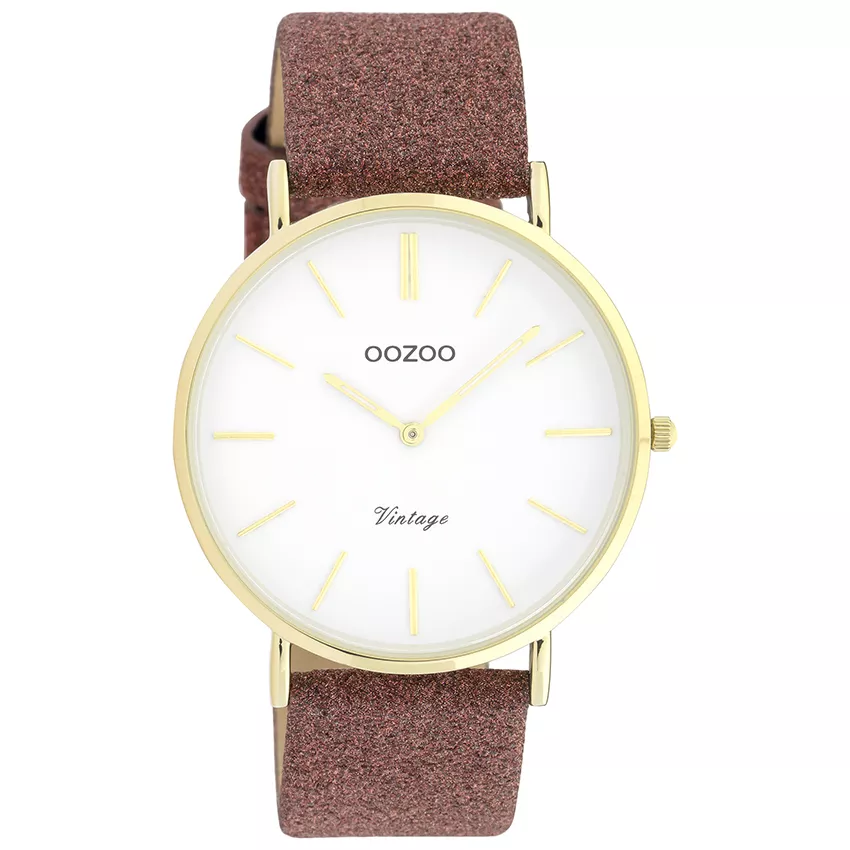 OOZOO C20149 Horloge Vintage staal-leder roze-goudkleurig-wit 40 mm