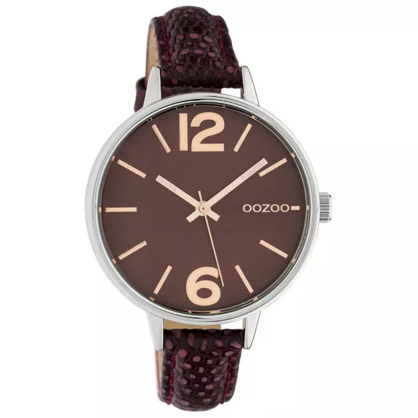 OOZOO C10457 Horloge Timepieces staal-leder zilverkleurig-burgundy croco 42 mm