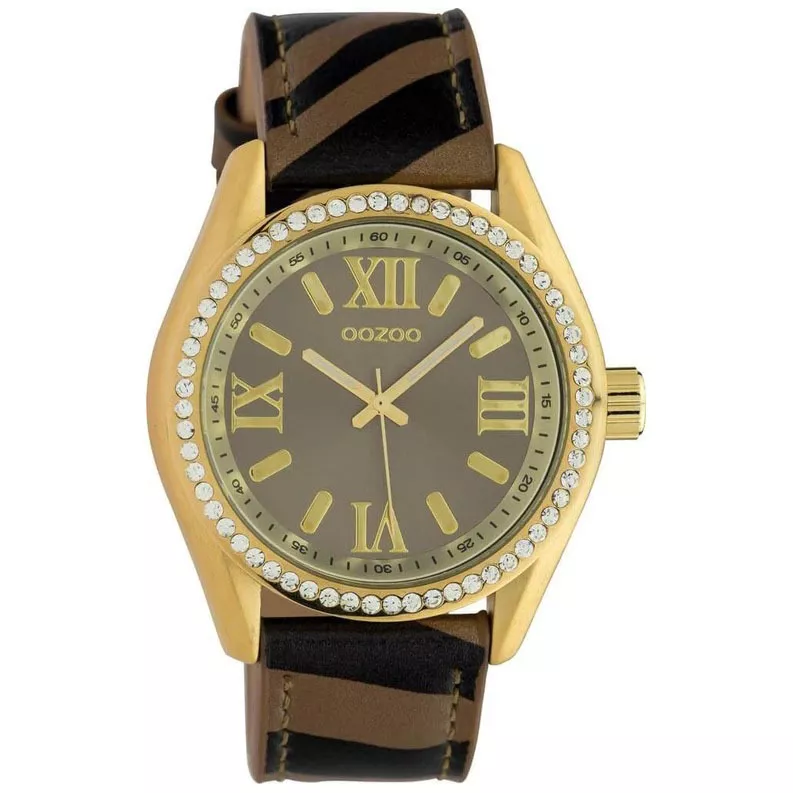 OOZOO C10271 Horloge Timepieces Zebra staal-leder zwart-brons-goudkleurig 40 mm