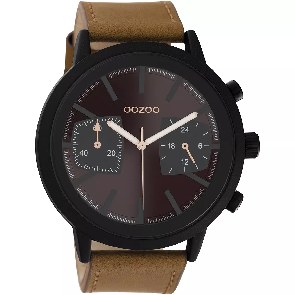OOZOO C10806 Horloge Timepieces staal-leder zwart-rood-bruin 50 mm