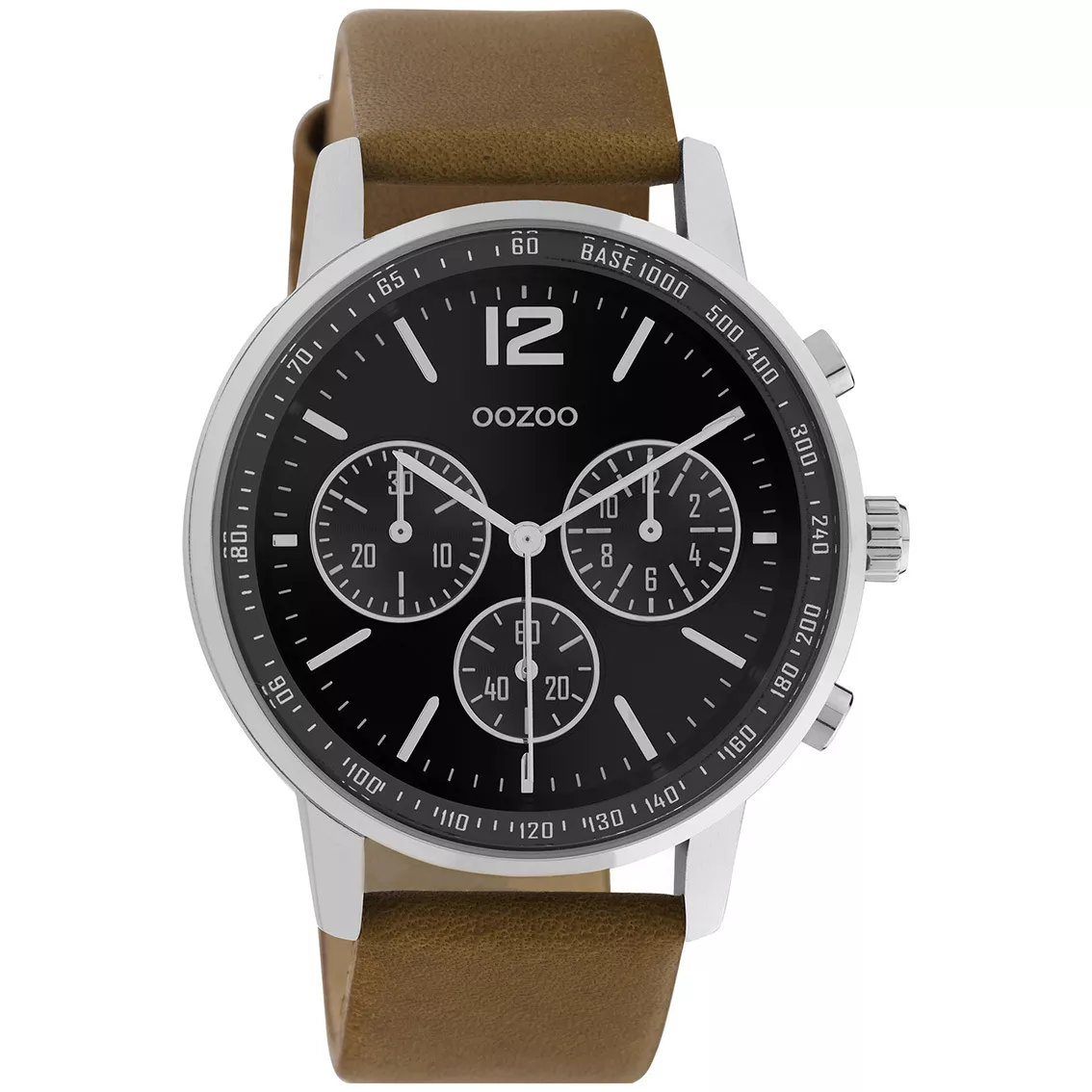 OOZOO C10812 Horloge Timepieces staal-leder zilverkleurig-zwart-cognac 42 mm