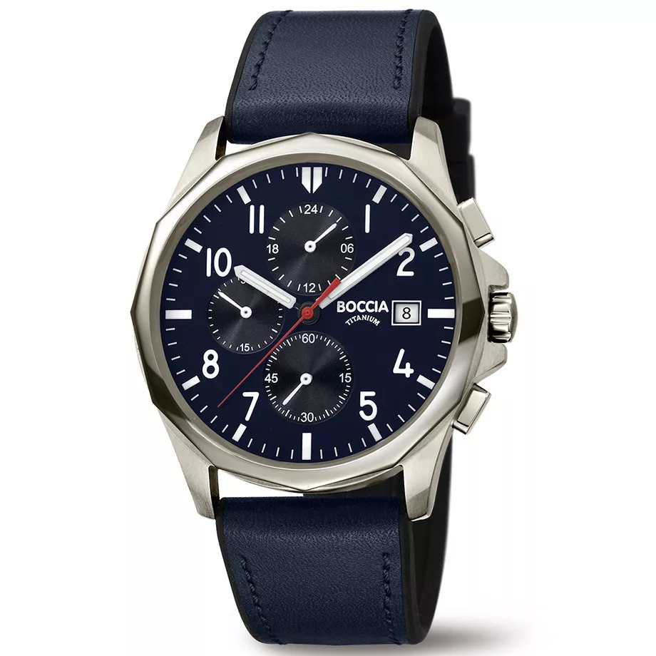 Boccia 3747-02 Horloge titanium-leder zilverkleurig-blauw 40 mm