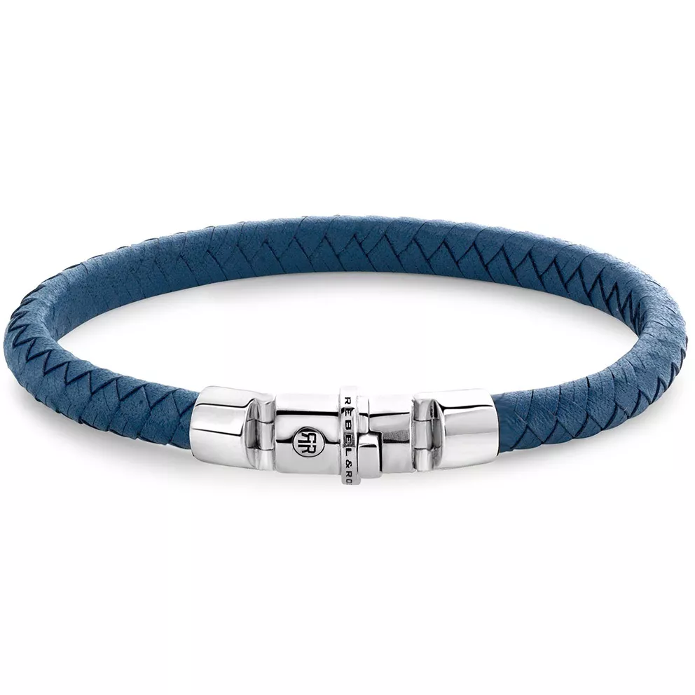 Rebel and Rose RR-L0135-S Armband Half Round Braided Brown leder-zilver blauw 7,5 mm XS 15 cm
