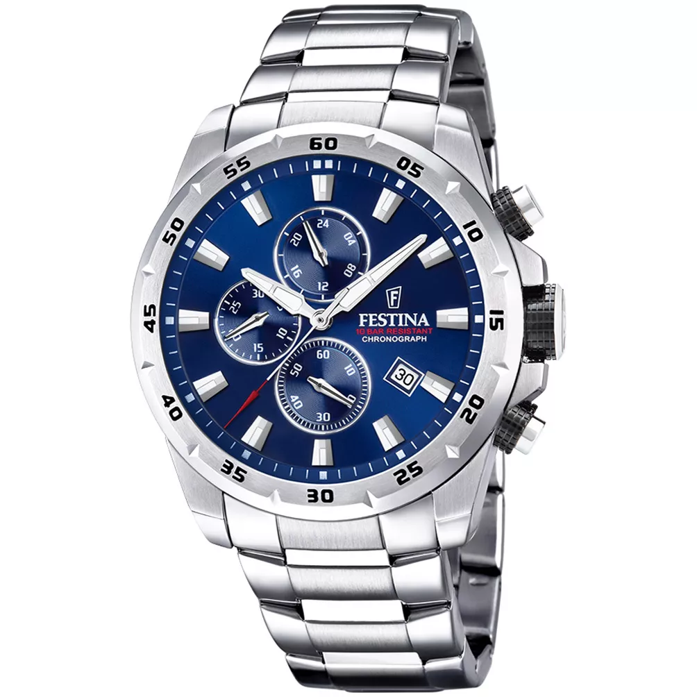 Festina F20463/2 Horloge Chrono Sport staal zilverkleurig-blauw 45 mm