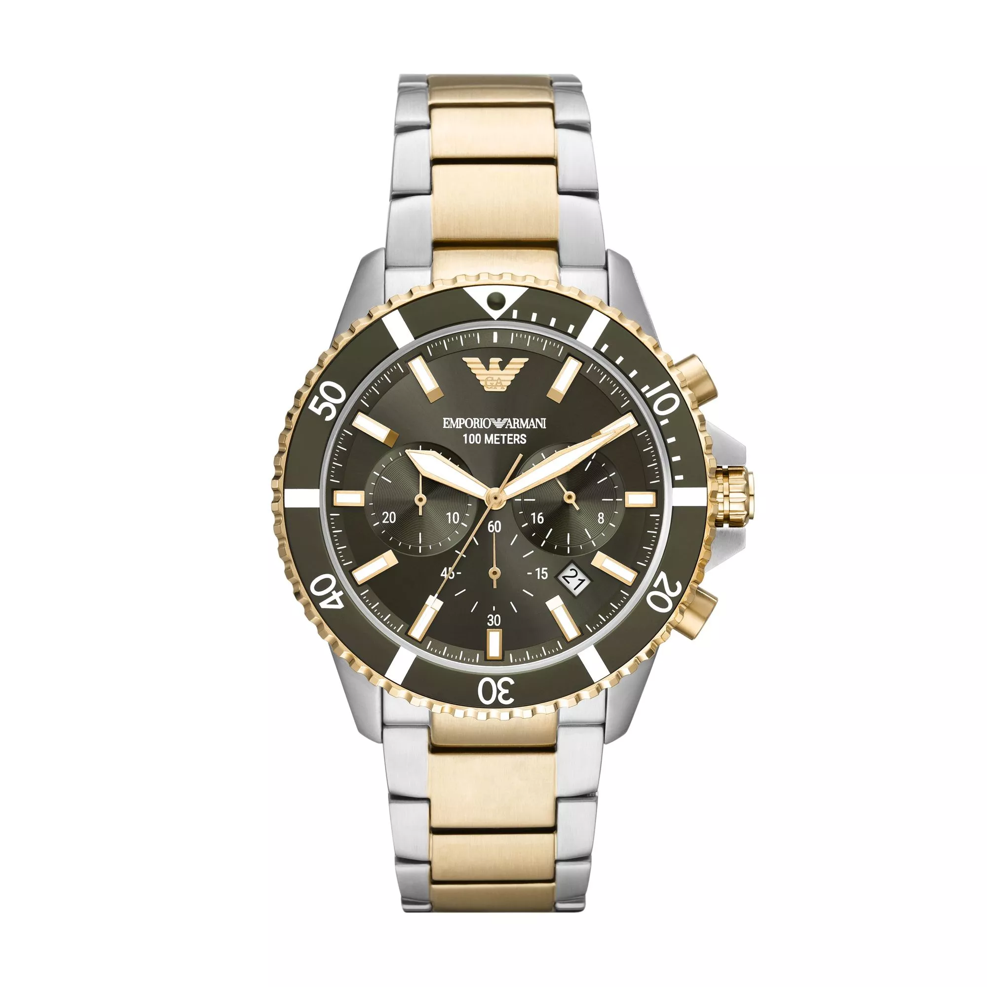 Emporio Armani AR11361 Horloge Diver Chrono staal zilver-en goudkleurig-groen 43 mm