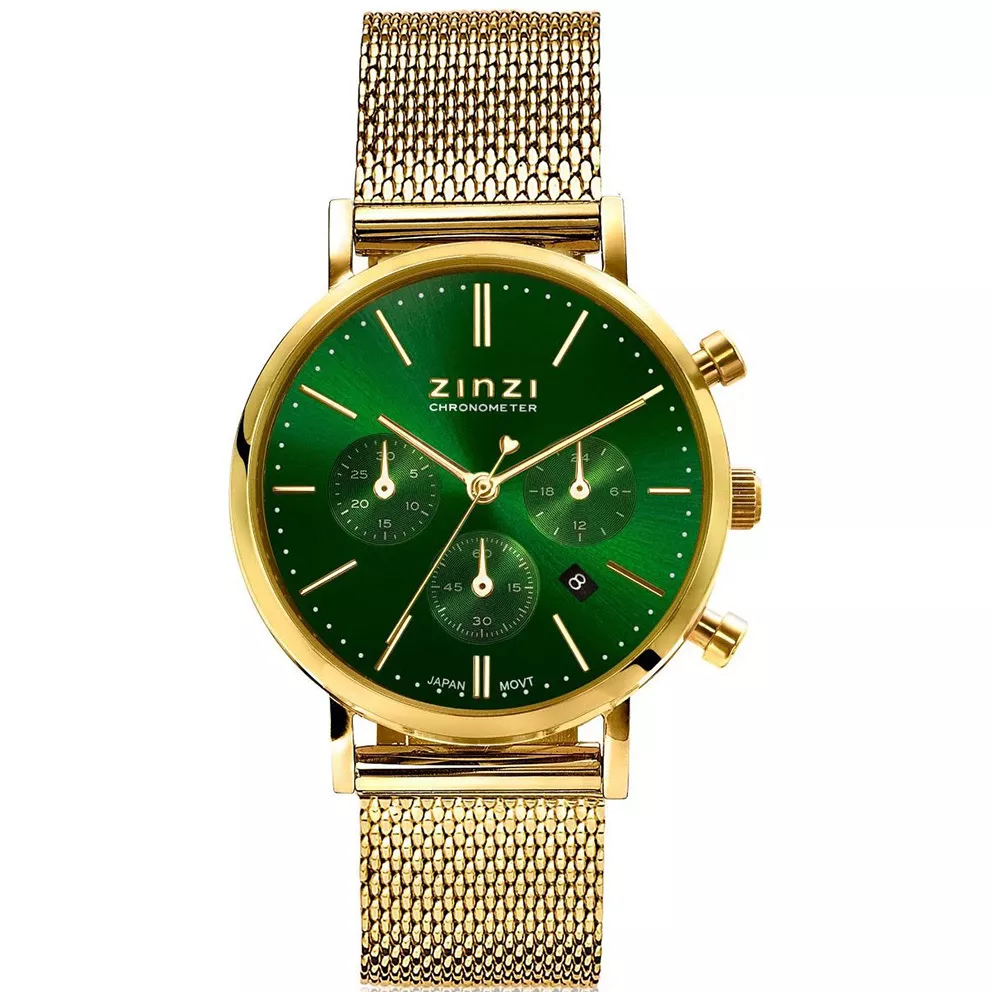 Zinzi ZIW1535 Horloge Chronograph Mesh staal goudkleurig-groen 34 mm + gratis armband