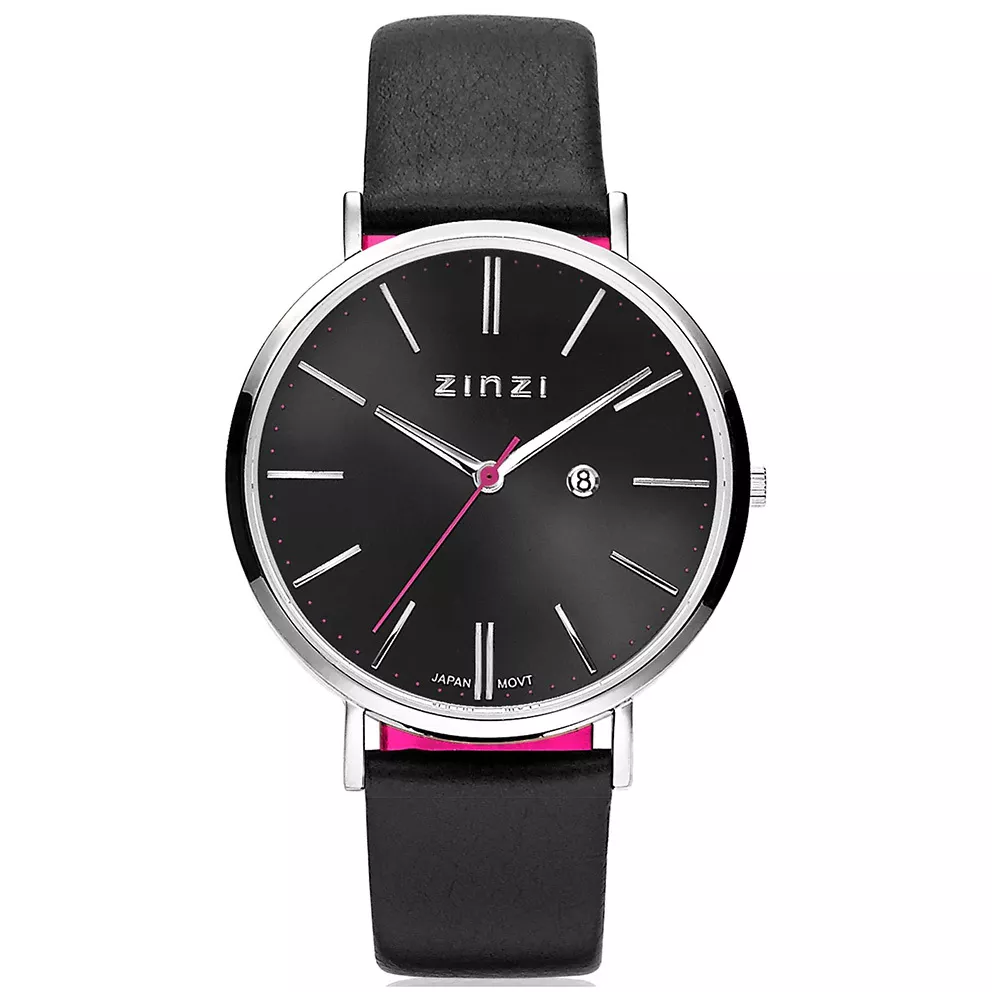 Zinzi ZIW401 Horloge Retro staal-leder zilverkleurig-zwart  38 mm + gratis armband
