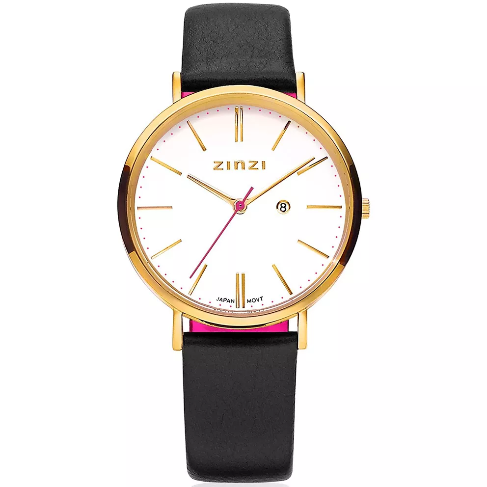 Zinzi ZIW407 Horloge Retro staal-leder goudkleurig-wit-zwart 38 mm + gratis armband