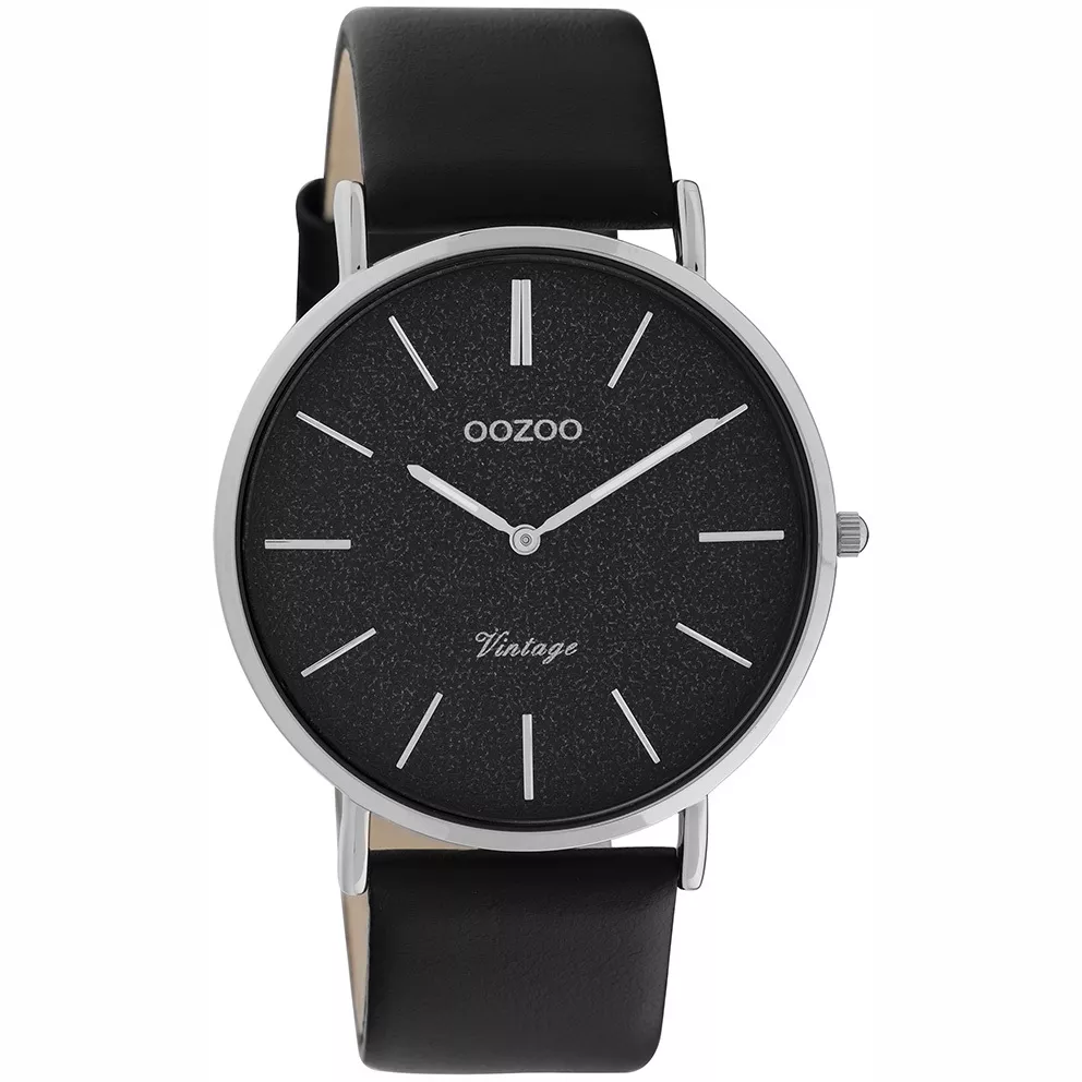OOZOO C20168 Horloge Vintage zilverkleurig, zwarte band 40 mm
