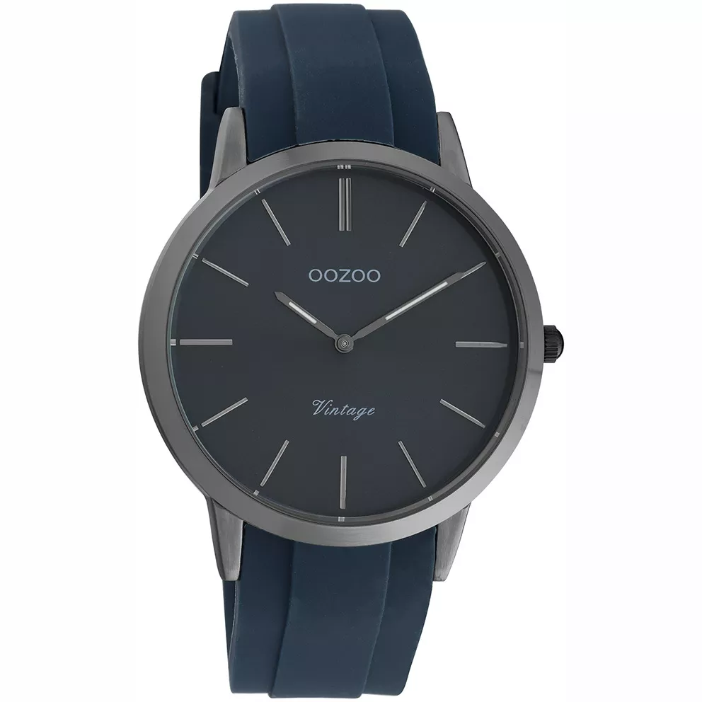 OOZOO C20171 Horloge Vintage grijs staal, donkerblauwe rubberen band 42 mm