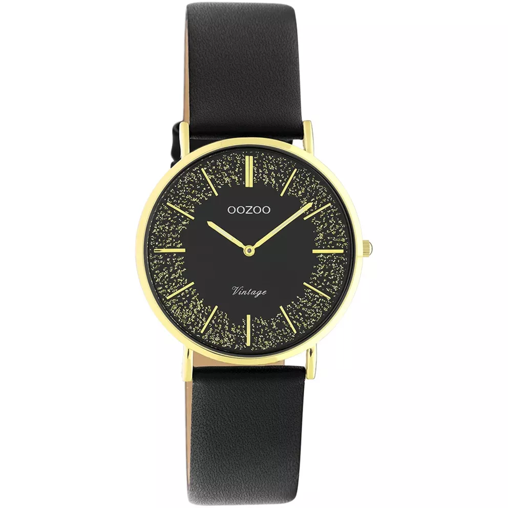 OOZOO C20187 Horloge Vintage staal-leder goudkleurig-zwart 32 mm
