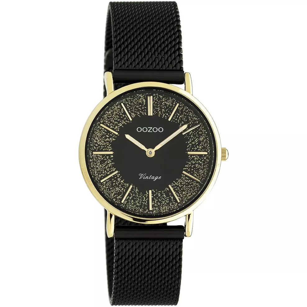 OOZOO C20189 Horloge Vintage goudkleurig zwarte lederen band 32 mm