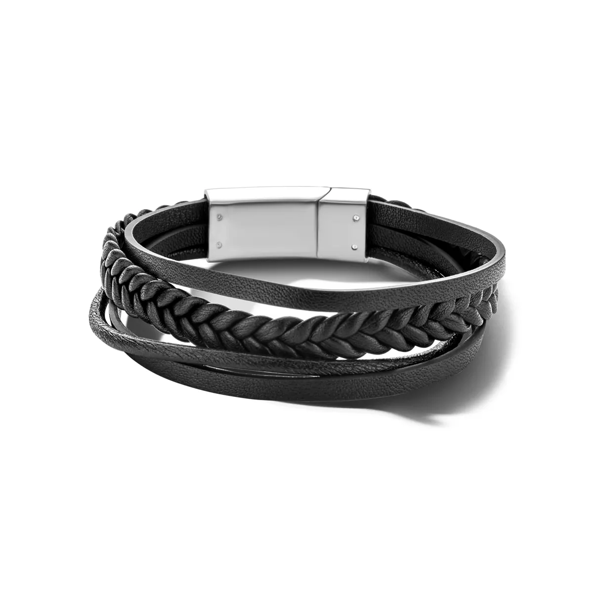 Armband leder-staal 12 mm zwart 22 cm 