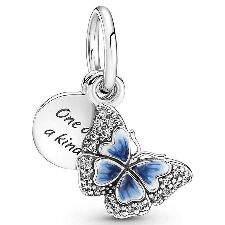 Overtekenen winnen winnen Pandora 790757C01 bedel Blue Butterfly and Quote blauw-wit